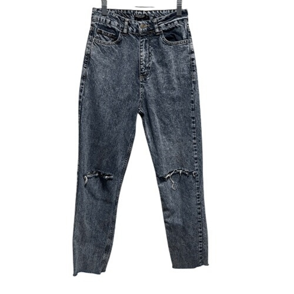 Nasty Gal Acid Wash Distressed High Rise Straight Leg Jeans Frayed Hem Size 4